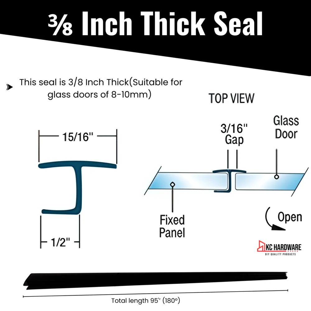 95" H-Type Shower Door Side Seal for 3/8" Glass (8–10mm) - Black - Image 2