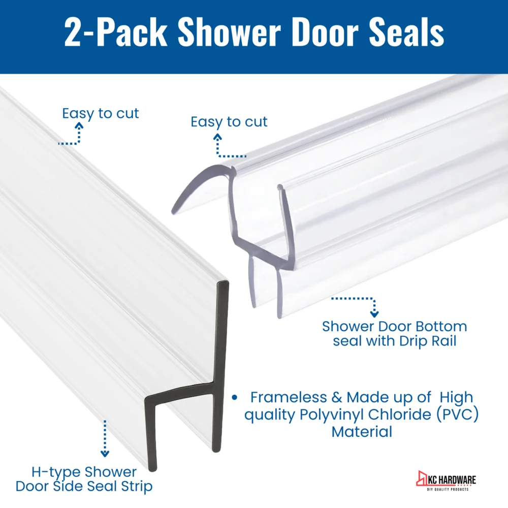Frameless Shower Door Seal Kit 72" H Side Seal + 40" Bottom Drip Rail, Clear - Image 2