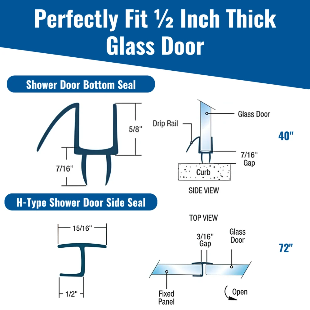 Frameless Shower Door Seal Kit: 72" H Side + 40" Bottom Drip Rail, Clear - Image 3