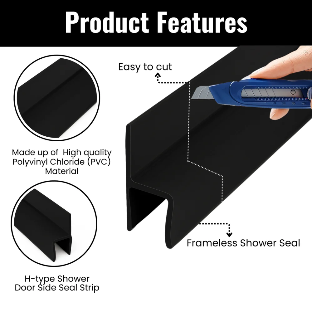 95" H-Type Shower Door Side Seal for 3/8" Glass (8–10mm) - Black - Image 3