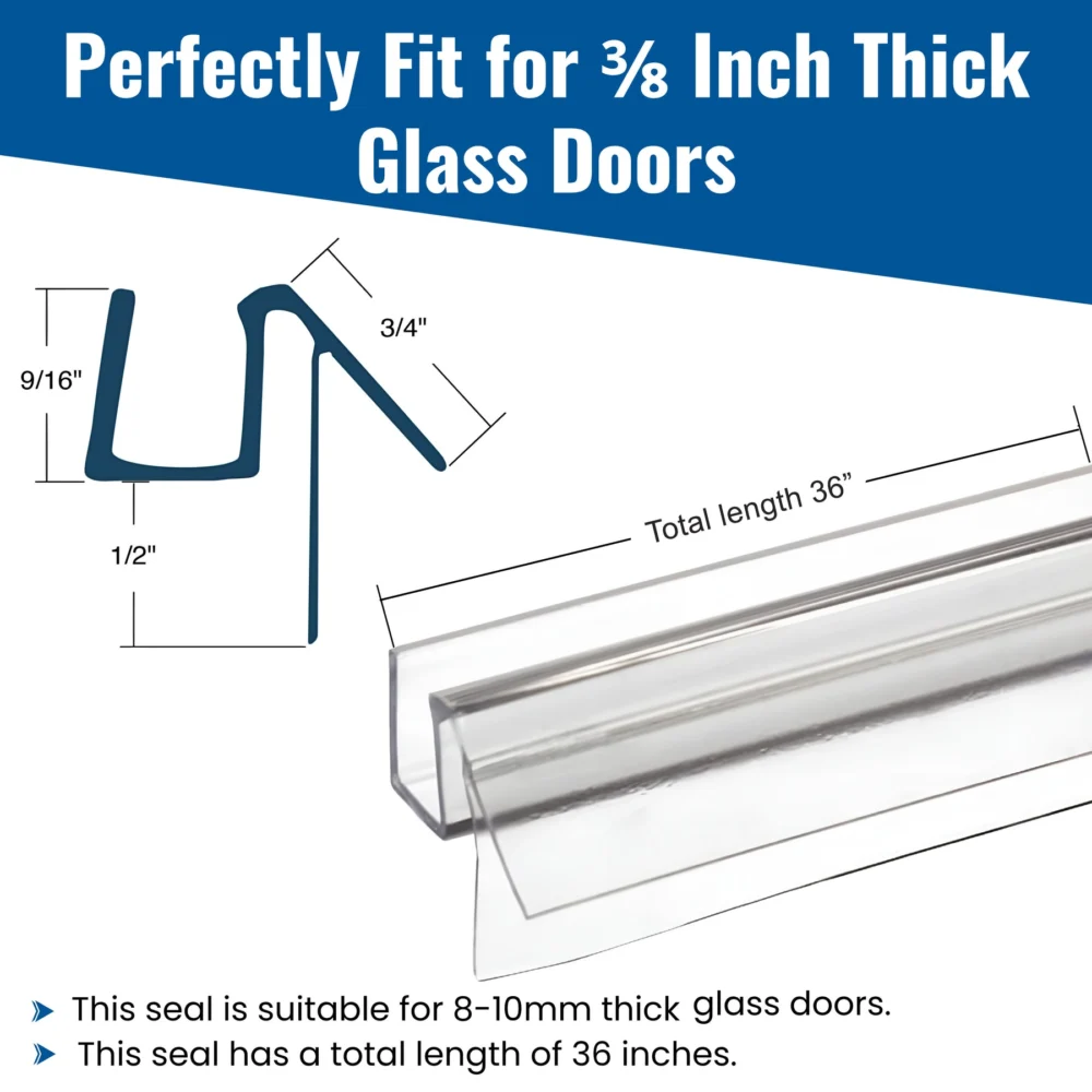 3/8 In. x 36 In. Frameless Shower Door Bottom Seal with Drip Rail - Image 2