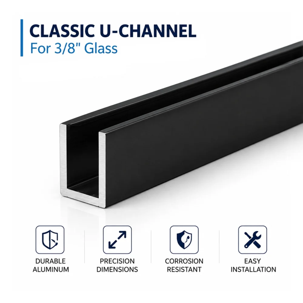 3/8" Glass U-Channel for Frameless Shower Glass – 95" Matte Black Aluminum - Image 2