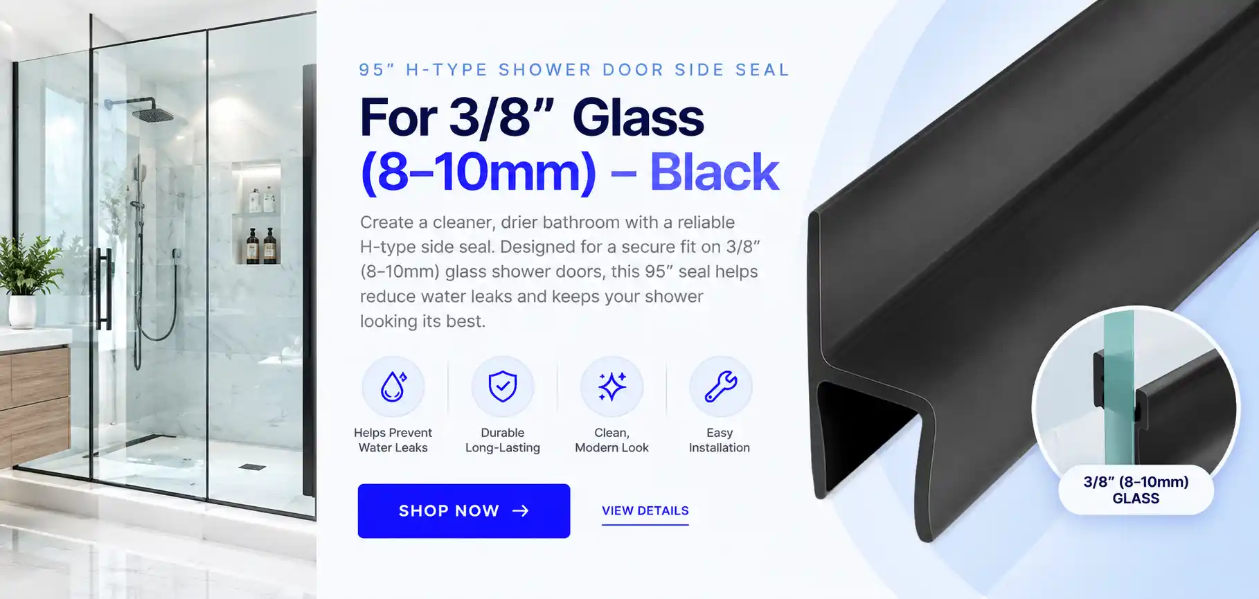 95-inch H-Type black shower door side seal for 3/8-inch glass