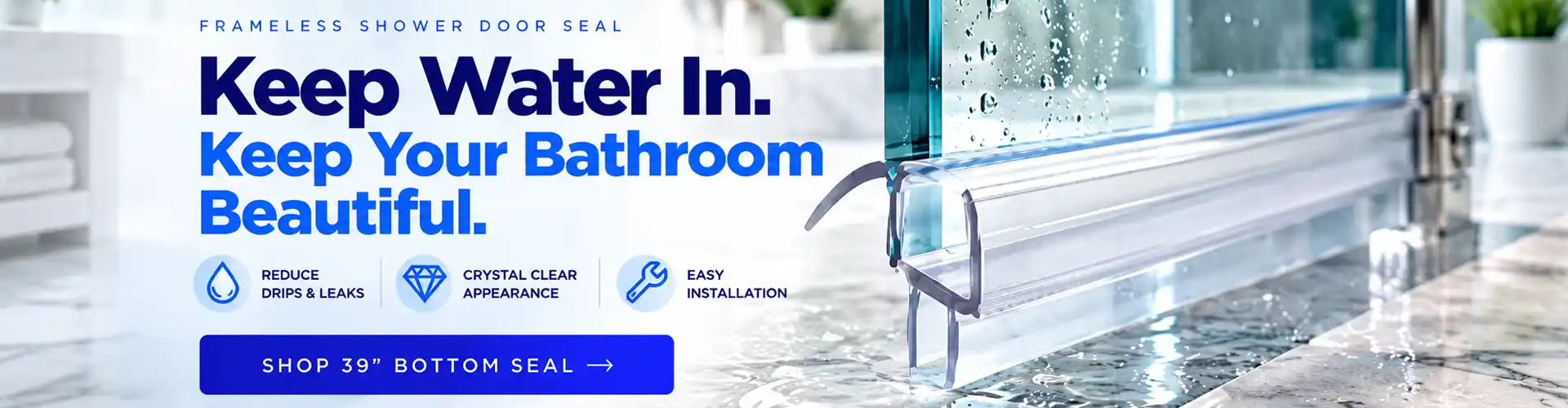 Frameless shower door bottom seal with drip rail designed to help reduce water leaks and keep water inside the shower.